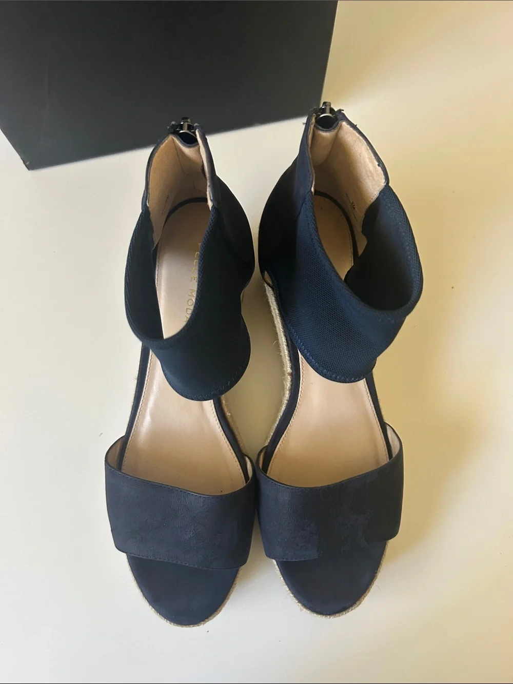 Pelle Moda Navy Espadrille Wedge Sandals with Ankle Cuff